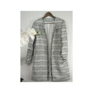 Tahari Long Tweed Hook-Front Long Coat Jacket Black Grey White- Women's Size M